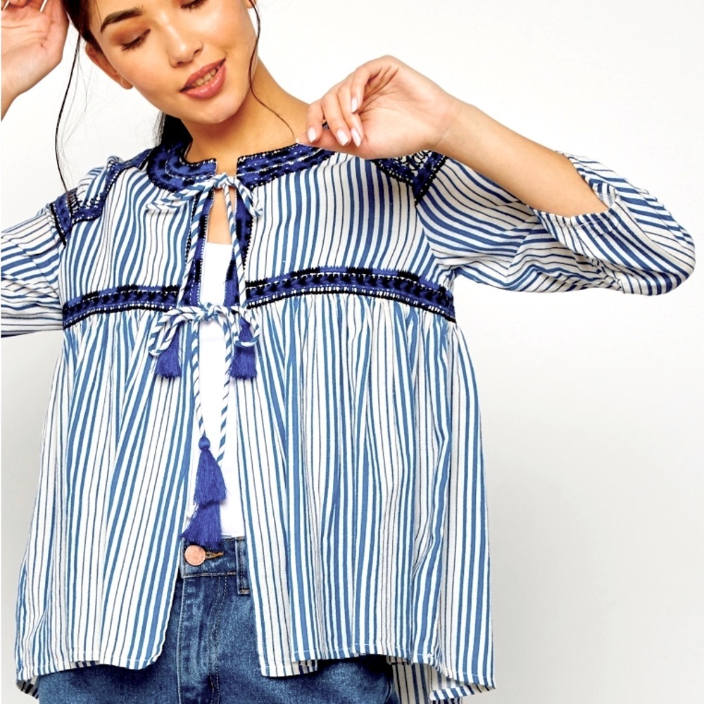 Mango Embroidered Top With Tassel Neck Tie